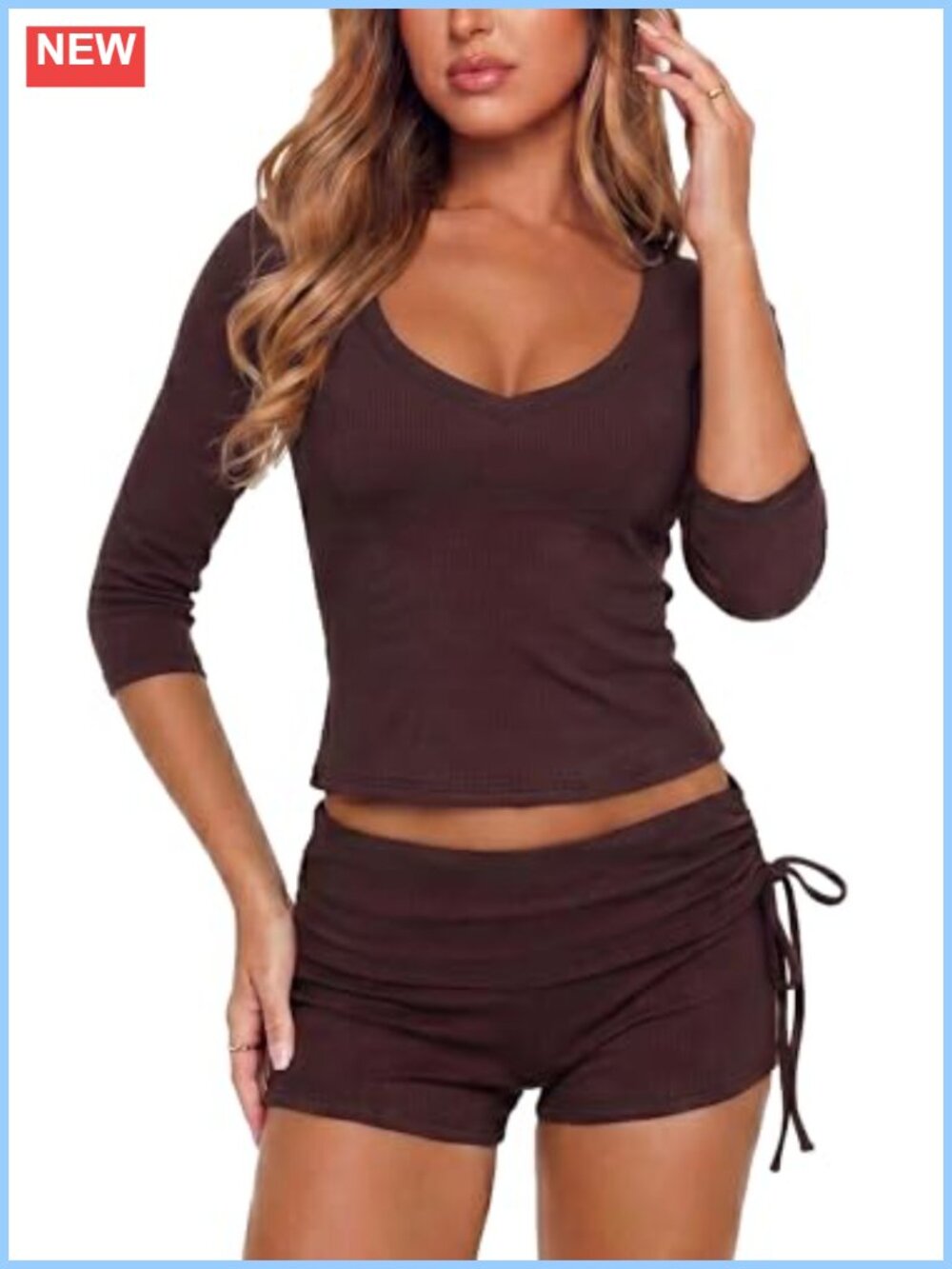 Ribbed Knit 3/4 Sleeve V Neck Top & Ruched Tie Side Fold Over Short Sets